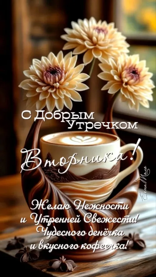 Открытка с добрым утром на вторник с кофе и цветами