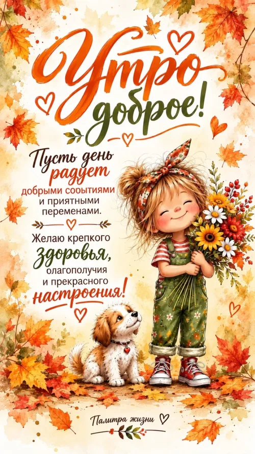 Утренняя открытка с милой девочкой и щенком