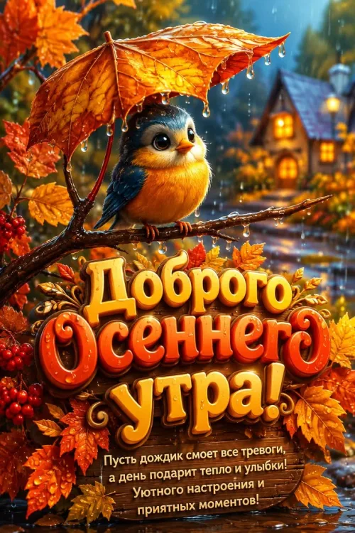 Открытка с доброго осеннего утра с птицей и осенними листьями