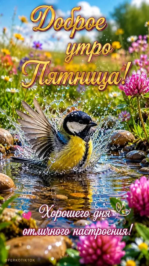 Открытка с птицей и цветами на Пятницу