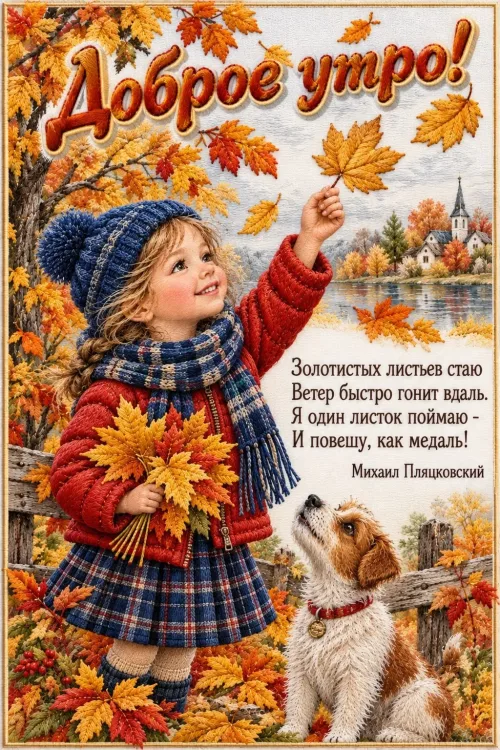 Открытка с добрым утром и осенним пейзажем