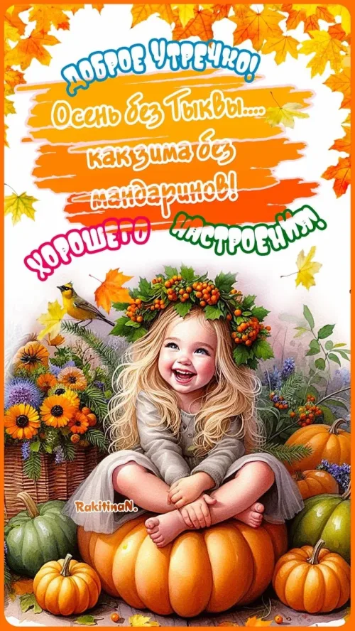 Открытка с добрым утром и осенними тыквами