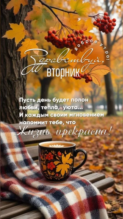 Открытка с добрым утром на вторник: осенний пейзаж с кофе