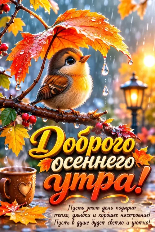 Открытка с осенним утром и птицей