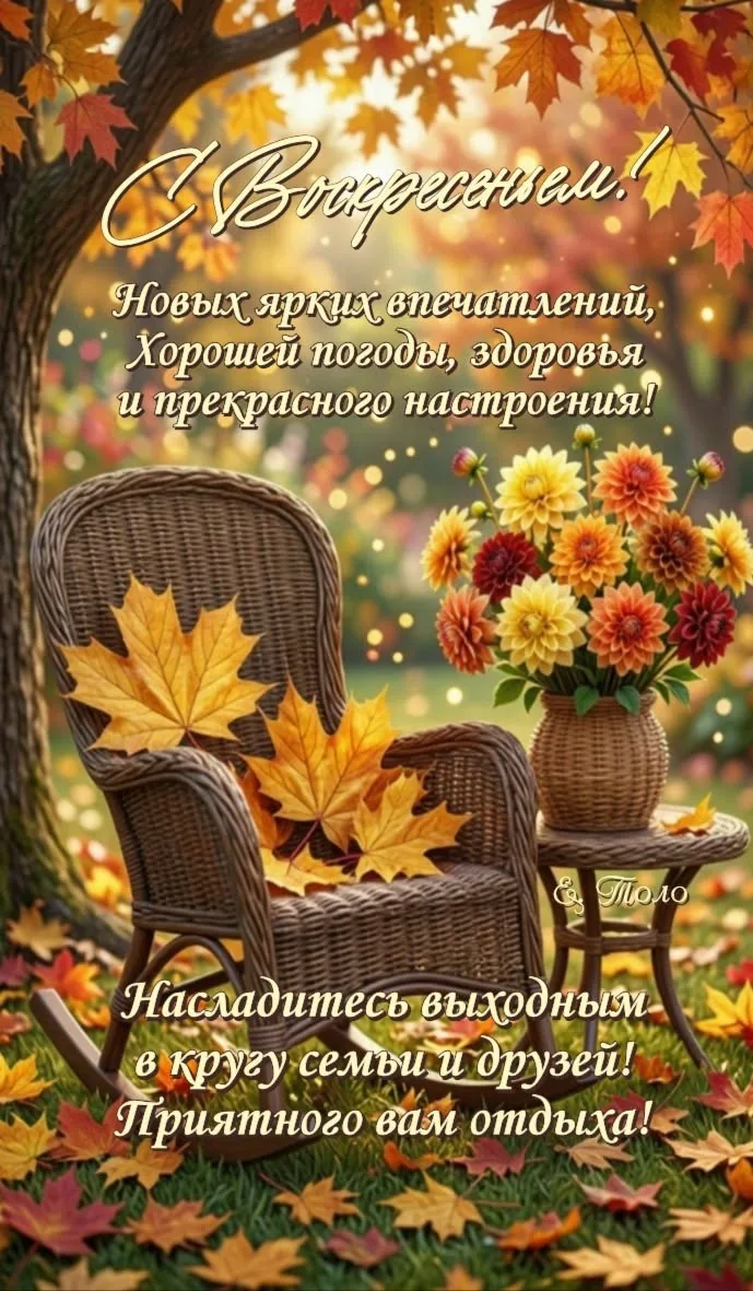 Открытка с воскресеньем: осенние листья и цветы