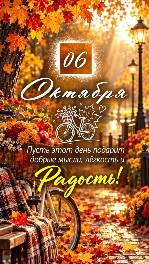 Открытка с осенним утром и велосипедом