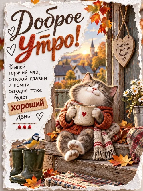 Открытка с доброе утро осенью и котом