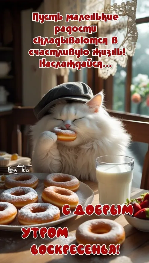 Открытка с добрым утром и котом, едящим пончик
