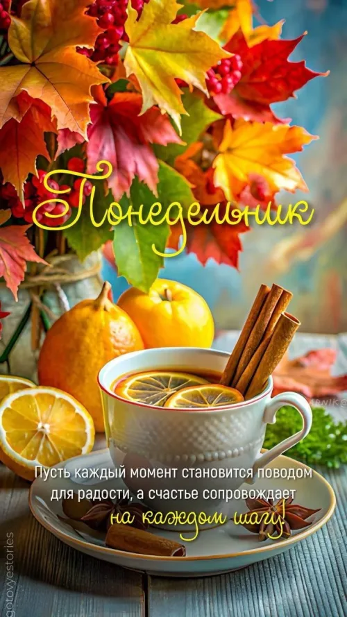 Открытка с понедельником: осенний чай и листья