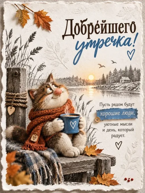 Открытка с добрейшим утречком осенью с котом и чашкой кофе