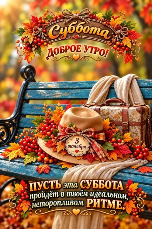 Открытка с добрым утром на субботу с чемоданом и осенью