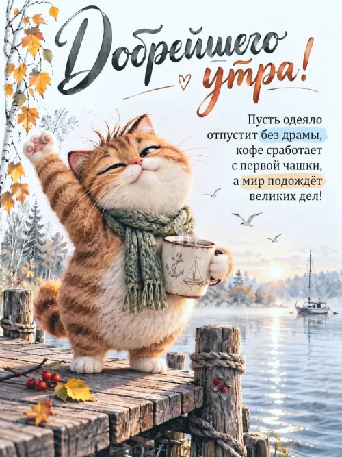 Открытка с добрым утром и осенним пейзажем с кофе и котом