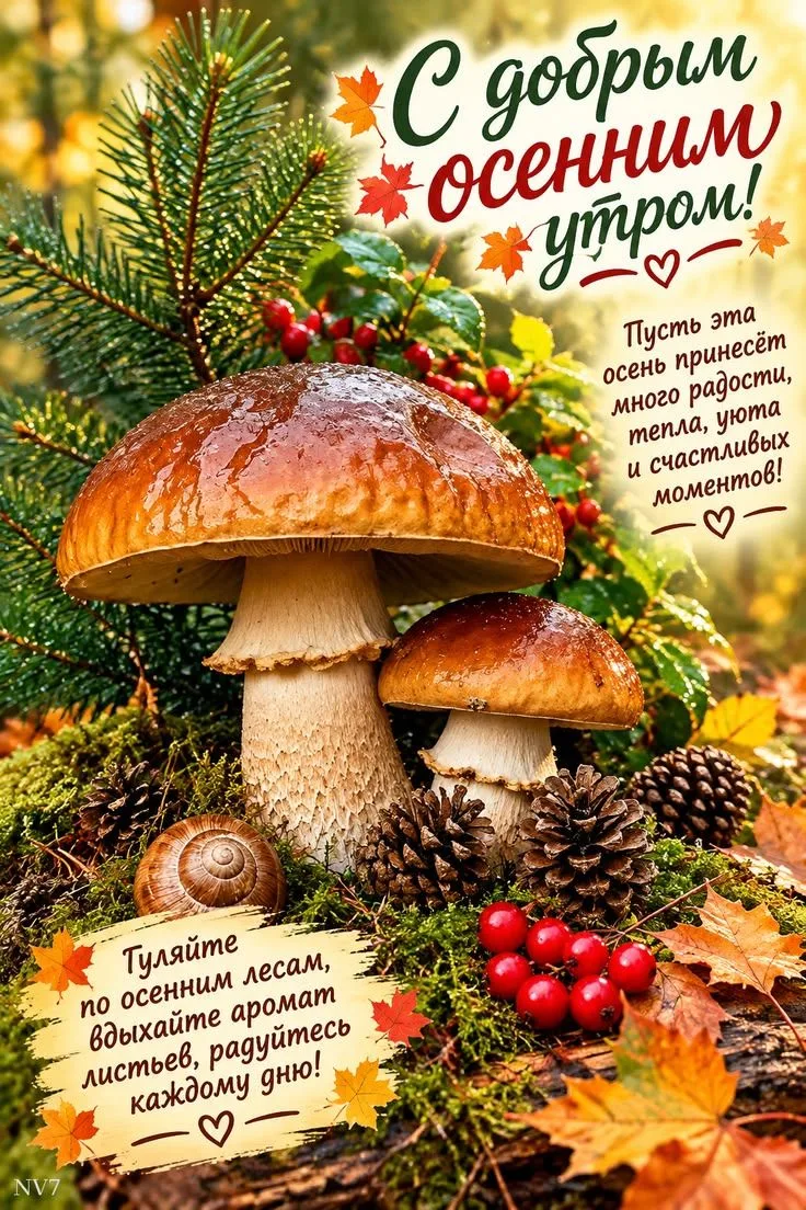 Открытка с добрым осенним утром и грибами