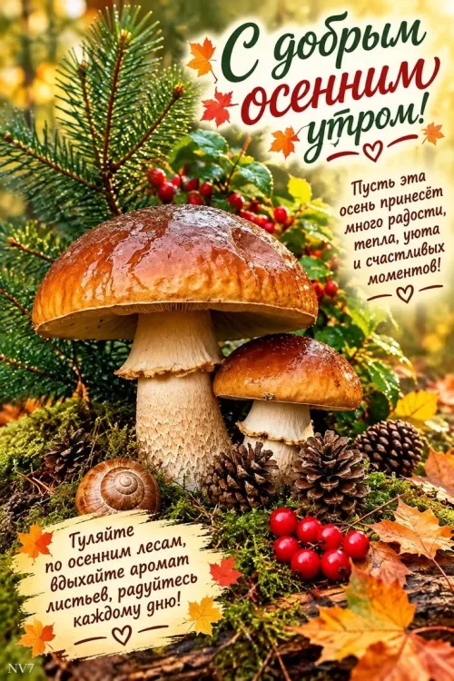 Открытка с добрым осенним утром и грибами