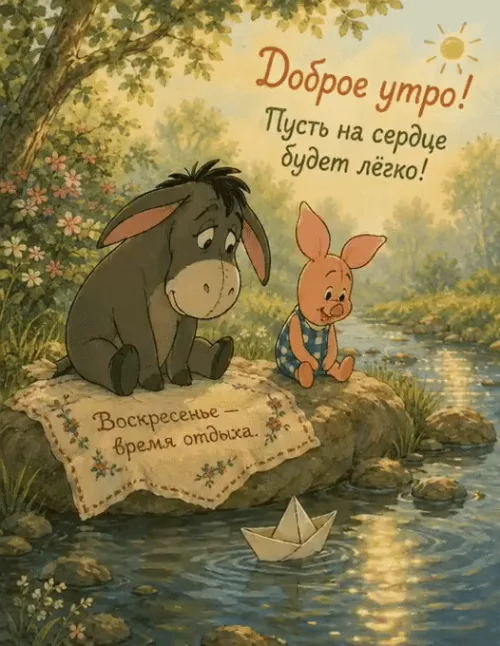Открытка с добрым утром и воскресеньем: животные на берегу