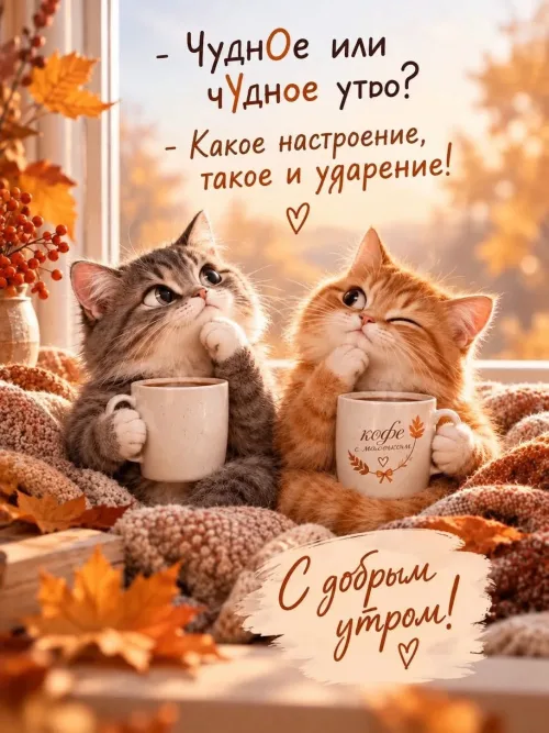 Открытка с добрым утром и кофе на осеннем утреннем фоне