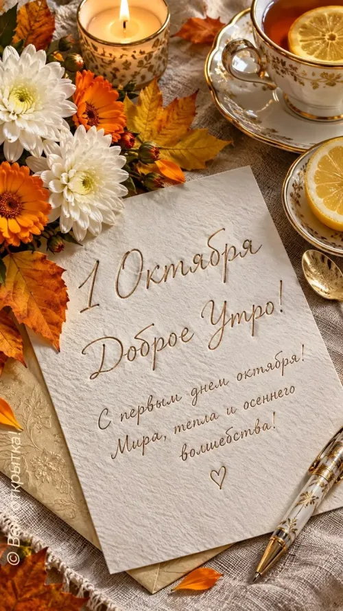 Открытка с доброе утро 1 октября осенние листья и чай