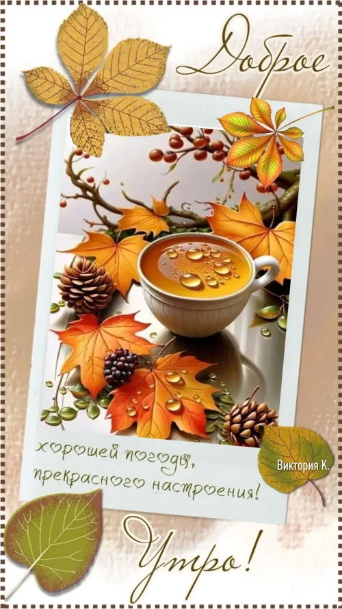 Открытка с осенним утром и чашкой чая