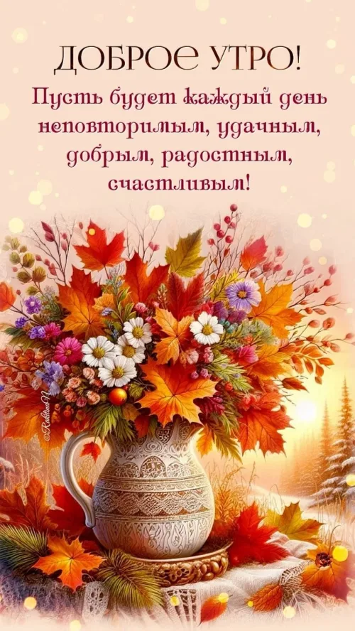 Открытка с добрым утром и осенними листьями
