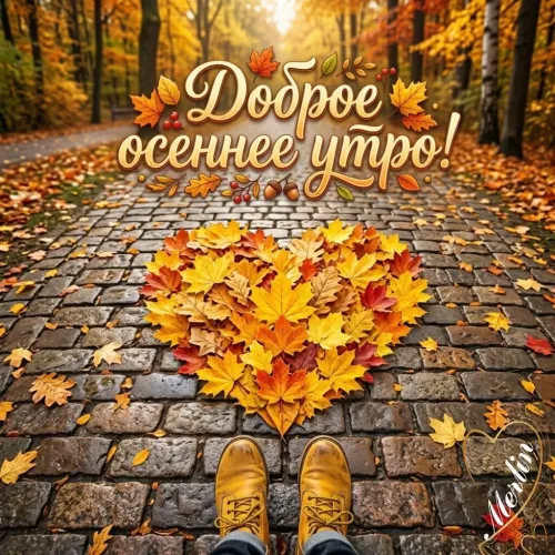 Открытка с доброе осеннее утро и сердцем из листьев