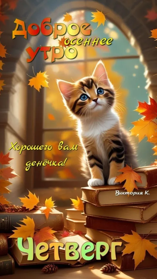 Открытка с котом и осенним пейзажем на четверг