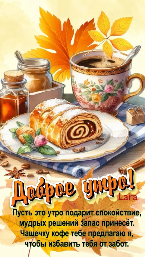 Открытка с добрым утром и осенними листьями