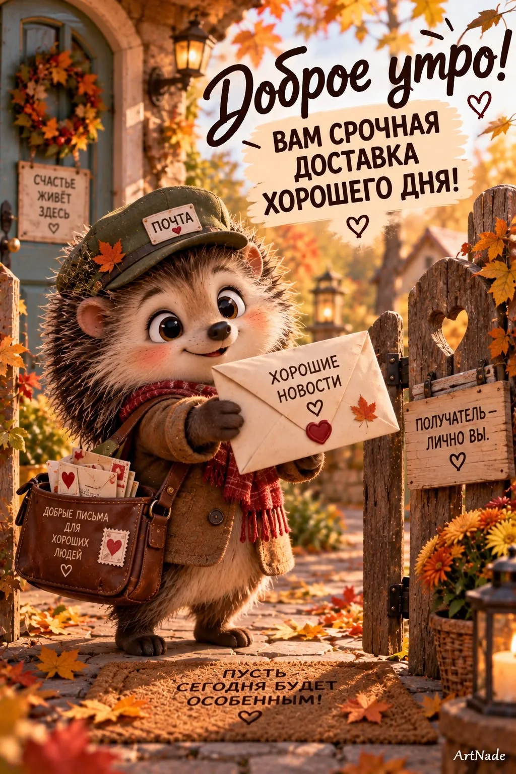 Открытка с добрым утром: осенний почтальон с письмом