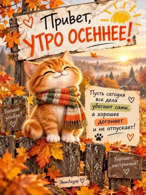 Открытка с добрым осенним утром и позитивными пожеланиями
