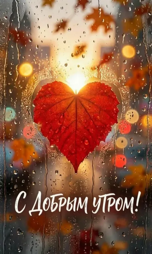 Открытка с добрым утром: осенний дождь и листья