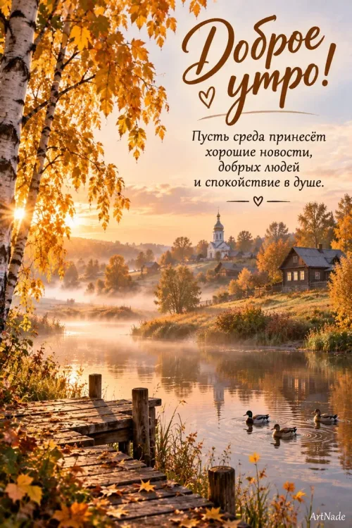 Открытка с доброе утро осенью и утренним пейзажем