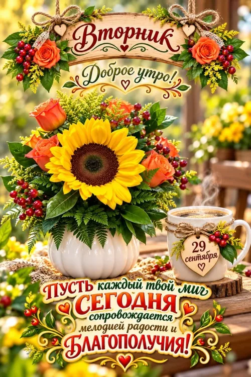 Открытка с добрым утром на вторник с солнцем и кофе