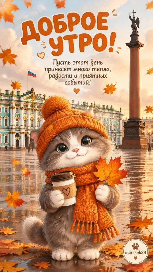 Открытка с доброе утро осенью и котом