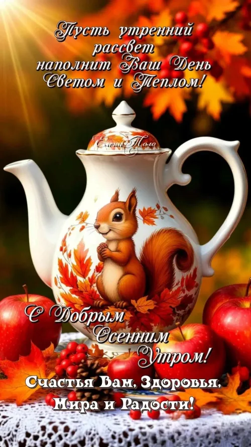 Открытка с осенним утром и милым енотом