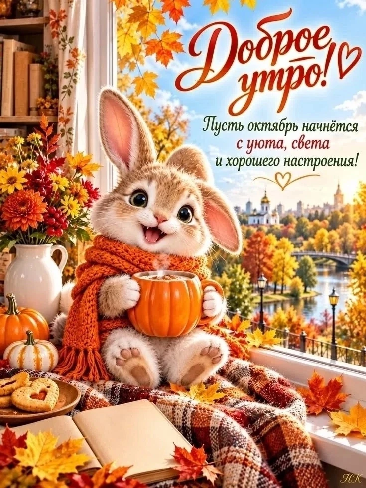 Открытка с доброе утро осенью и кроликом