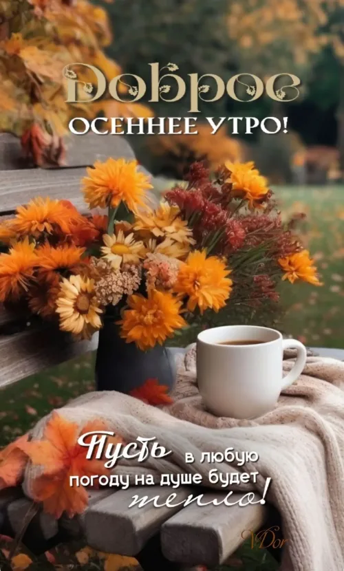 Открытка с осенним утром и цветами