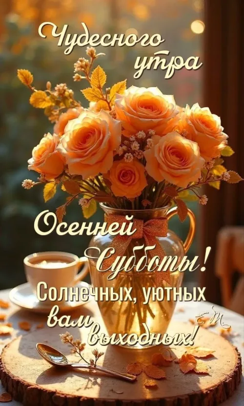 Утренняя открытка с осенним букетом и кофе