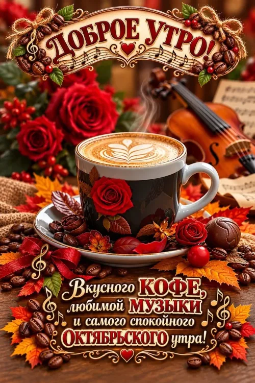 Открытка с добрым утром осенью: кофе, музыка и красные розы
