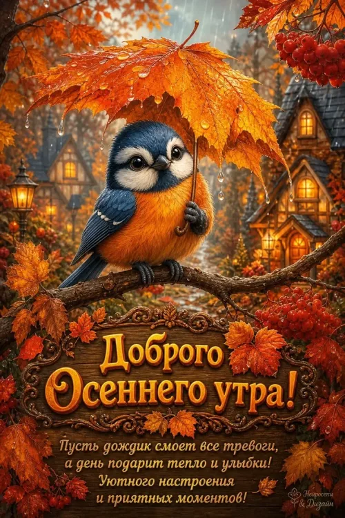 Открытка с доброго осеннего утра с птицей и осенними листьями