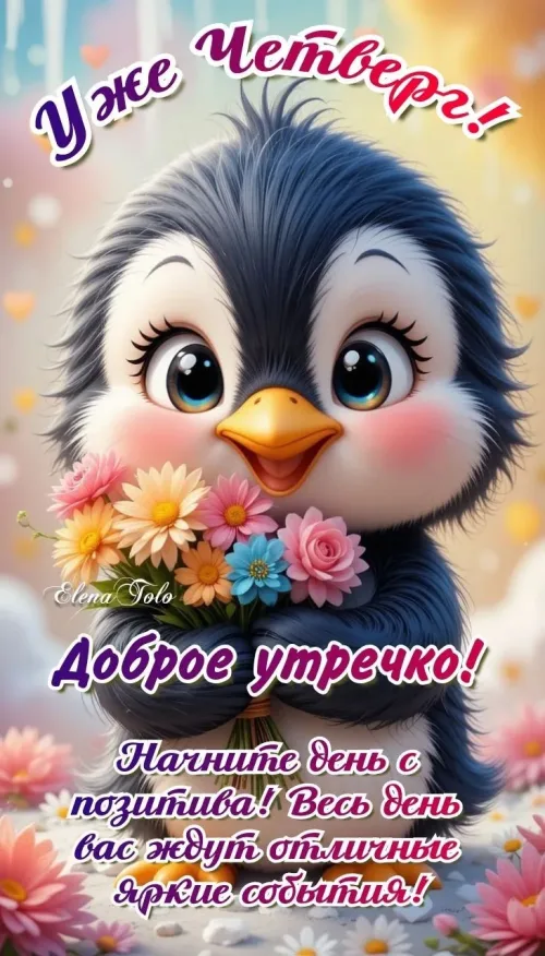 Открытка с пингвином и цветами на четверг