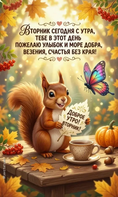 Открытка с добрым утром на вторник сquirrel и чашкой кофе
