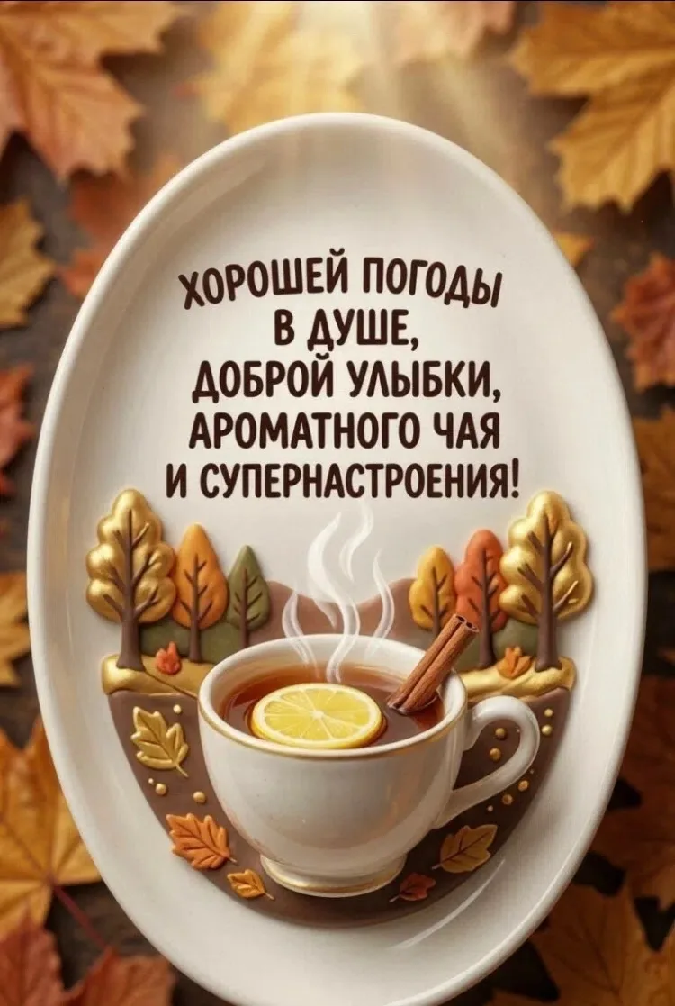Открытка с осенним утром и чашкой чая