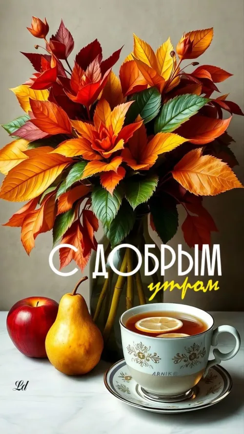 Открытка с осенним утром и чашкой чая
