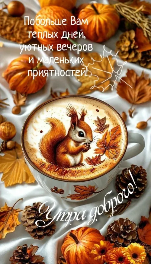 Открытка с добрым утром и белкой на кофе