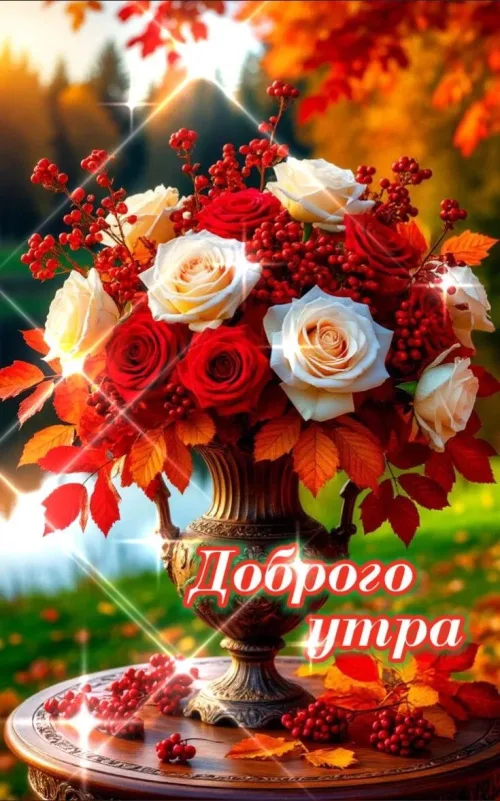 Красивая открытка с добрым утром и осенними цветами