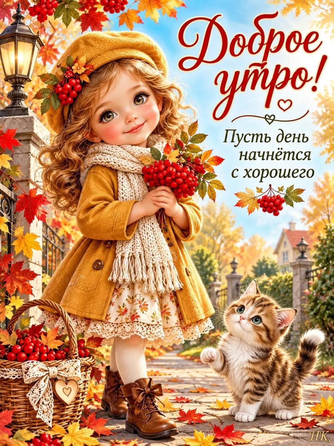Открытка с добрым утром и кошкой в осеннем пейзаже