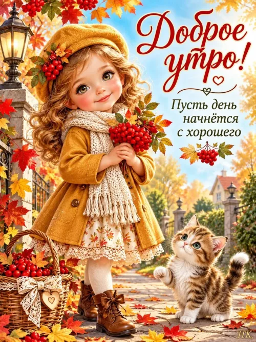 Открытка с добрым утром и кошкой в осеннем пейзаже