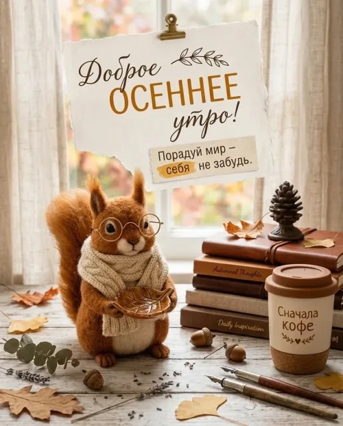 Открытка с осенним утром и милым енотом