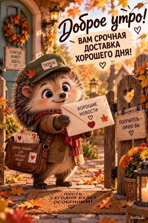 Открытка с добрым утром и осенним утром с ежом