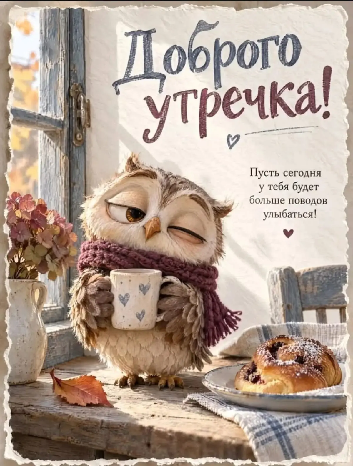 Открытка с добрым утром осенью: сова с чашкой кофе