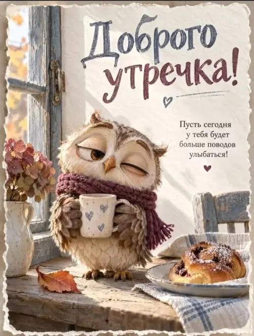 Открытка с добрым утром осенью: сова с чашкой кофе